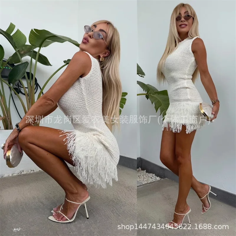 New Spring And Summer Casual Fashion Slim-fitting Pullover Sleeveless Perspective Fringed Dress