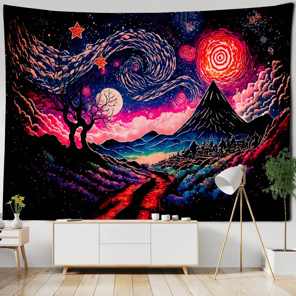 

Colorful starry sky tapestry, dreamy landscape, wall hanging, hippie living room, bedroom wall art decoration, background cloth