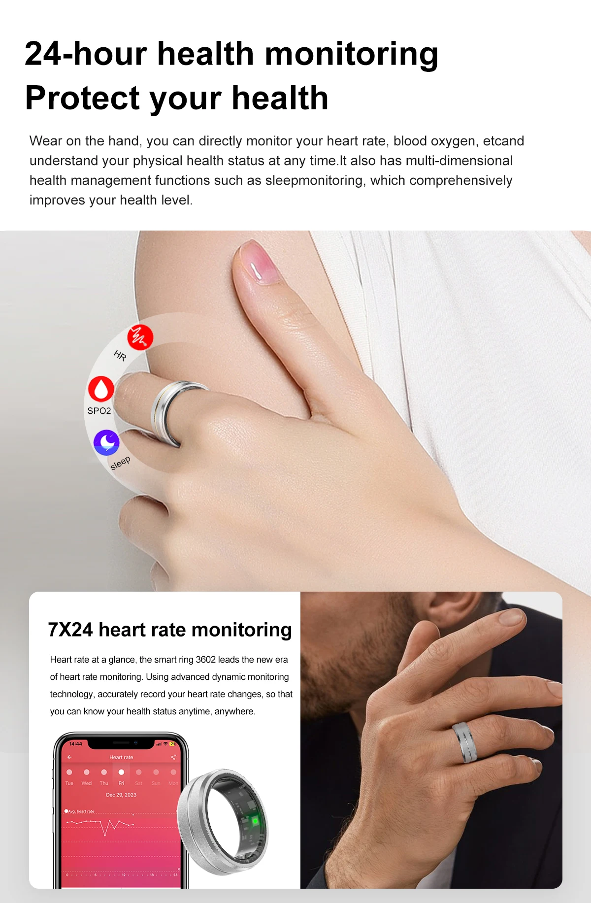 Anillo inteligente para detectar el ritmo cardíaco, oxígeno en sangre, sueño, calorías, impermeable, multifuncional, deportes, salud, compartimiento de carga