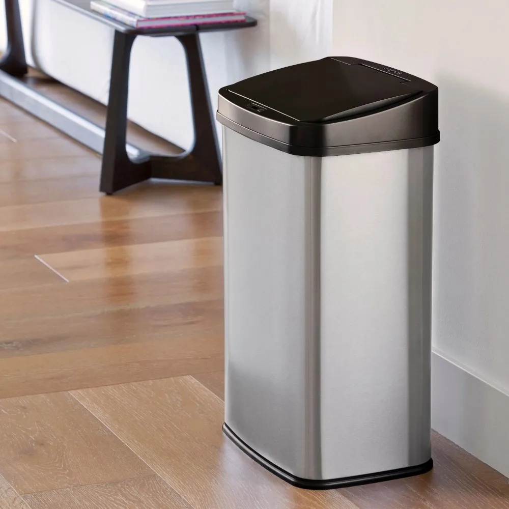 

13.2 Gallon Trash Can Stainless Steel With Black Lid Dustbin Free Shipping Bathroom Bin Home Supplies Bucket Garbage Cans Tools