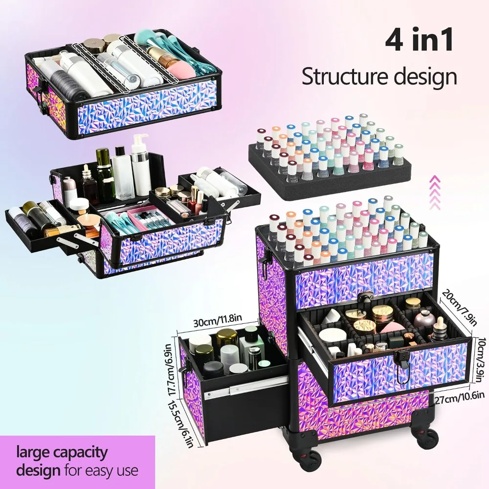 Rolling Makeup Train Case with Drawers, Portable Cosmetic Organizer on Wheels, Professional for Salon, Barber, Nail, Tattoo, Black view 3