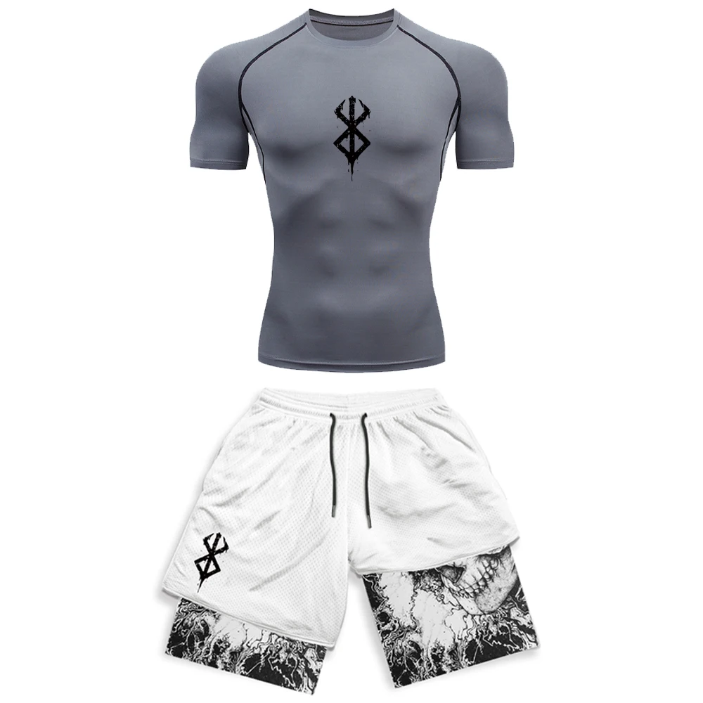 Sacrifice Anime Compression Sportswear Set Fitness Suit for Men Quick Dry Manga Print Rash Guard+Gym Shorts 2PCS Running Workout