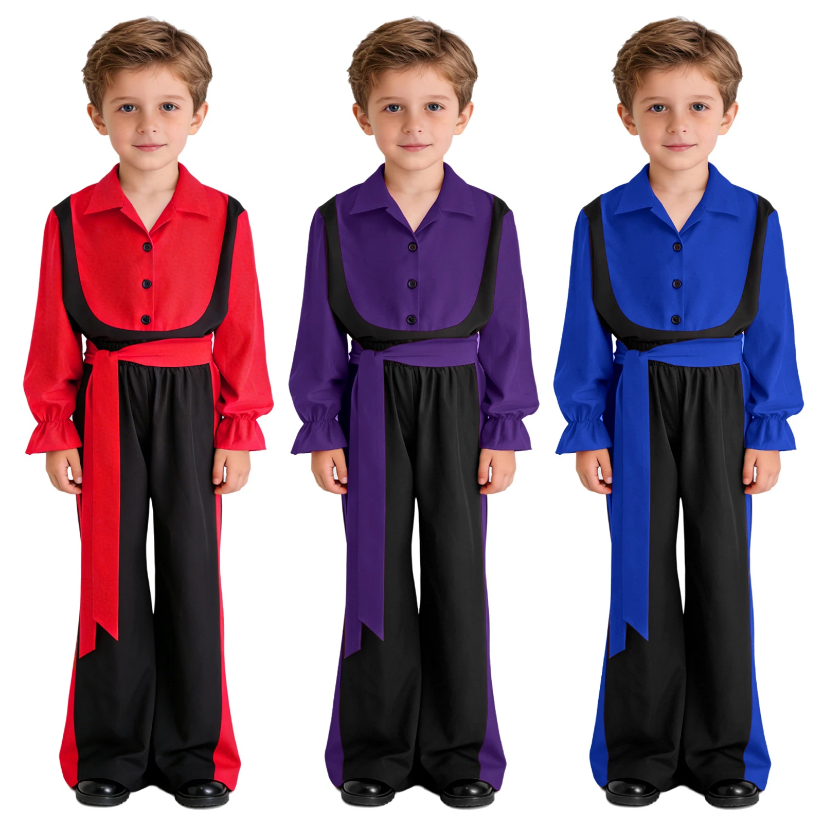 Kids Boys Long Puff Sleeve Pullover Shirt with Pants And Belt Suit Color Block Flamenco Dance Performance Competition Outfits