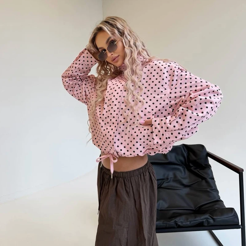 MUJER Polka Dot Women's Bomber Jacket Oversize Cropped Jacket Woman Zipper Varsity Jackets for Women Long Sleeve Overcoat Female