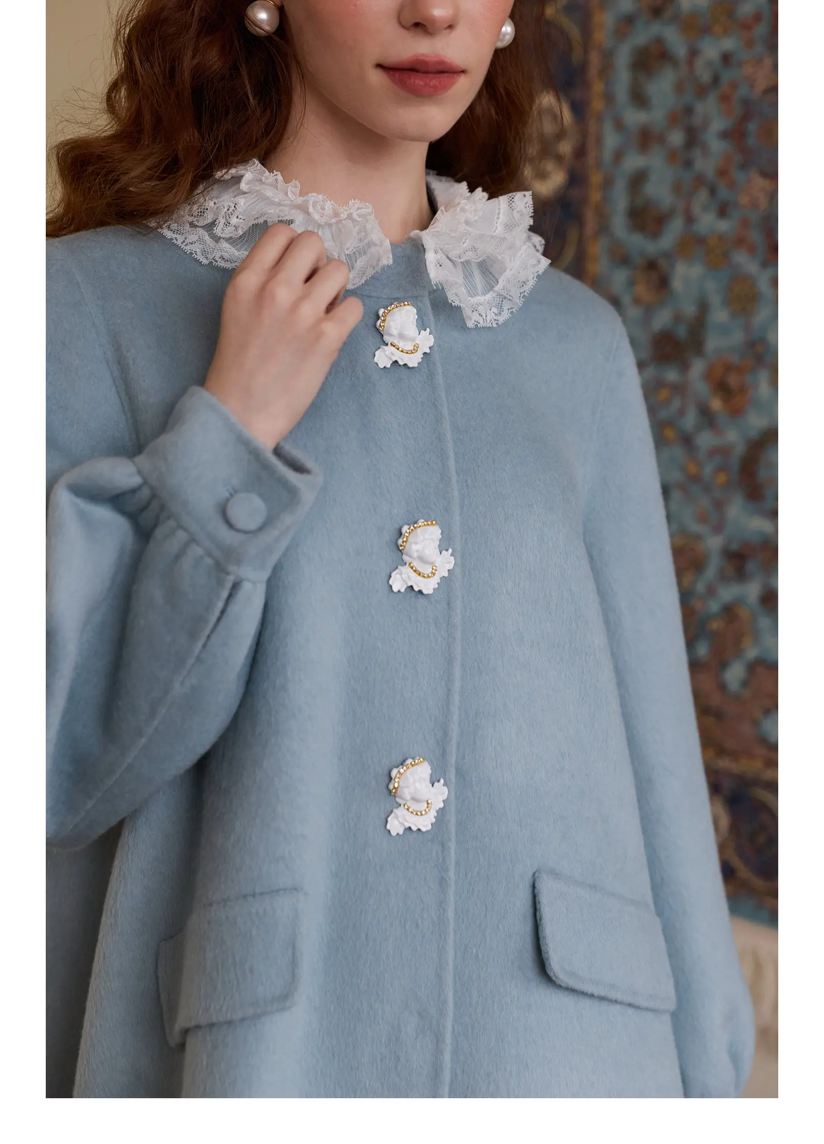 106-114cm Bust Winter Black/Blue Wool Coats Women Vintage Elegant A-Line Wool Coat, Lace Collar 100% Double-Faced Wool Jacket