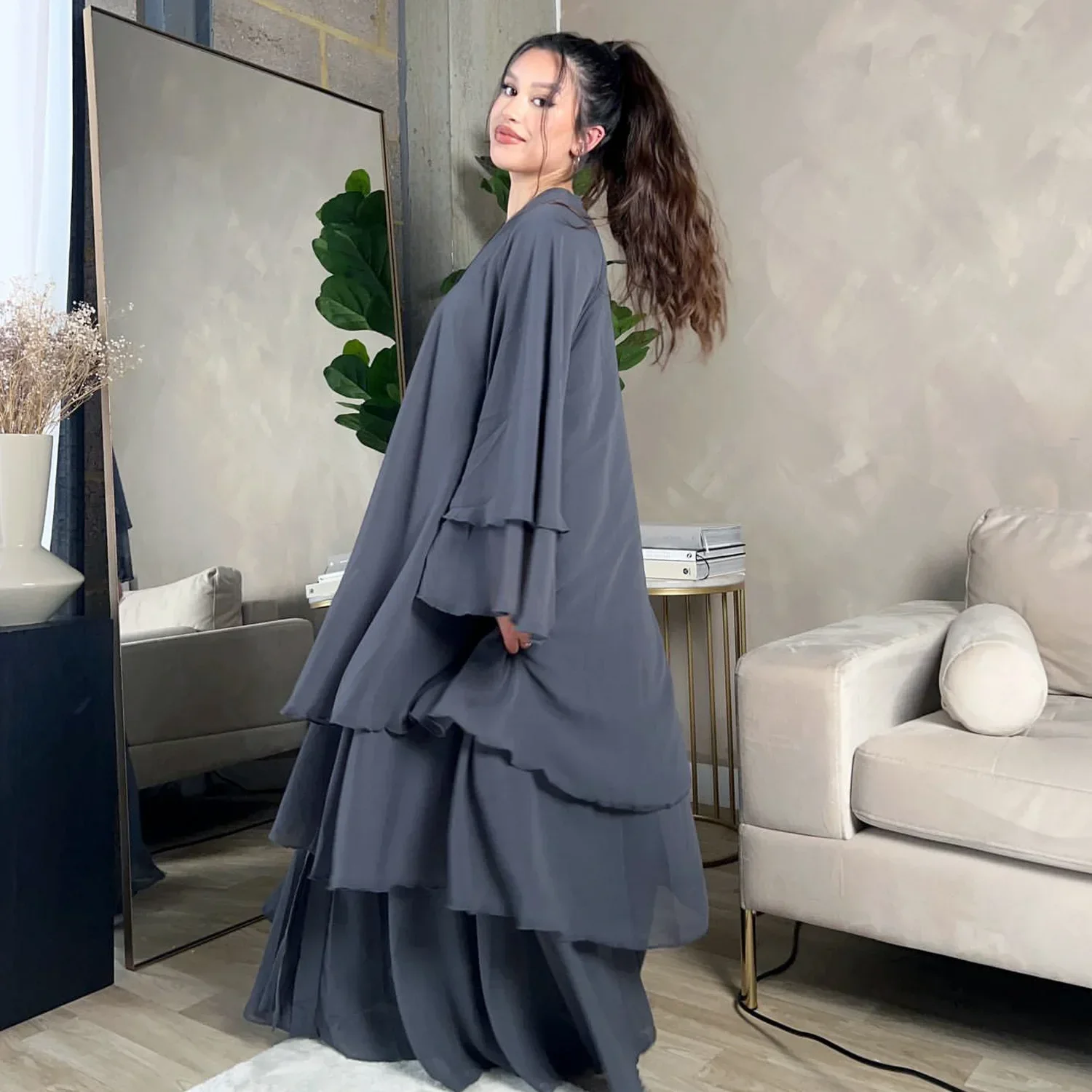 

Dubai Chiffon Open Kimono Abayas for Women 3 Layer Ruffles Dress Muslim Islamic Clothing Arab Robe Kebaya Caftan Marocain Femme