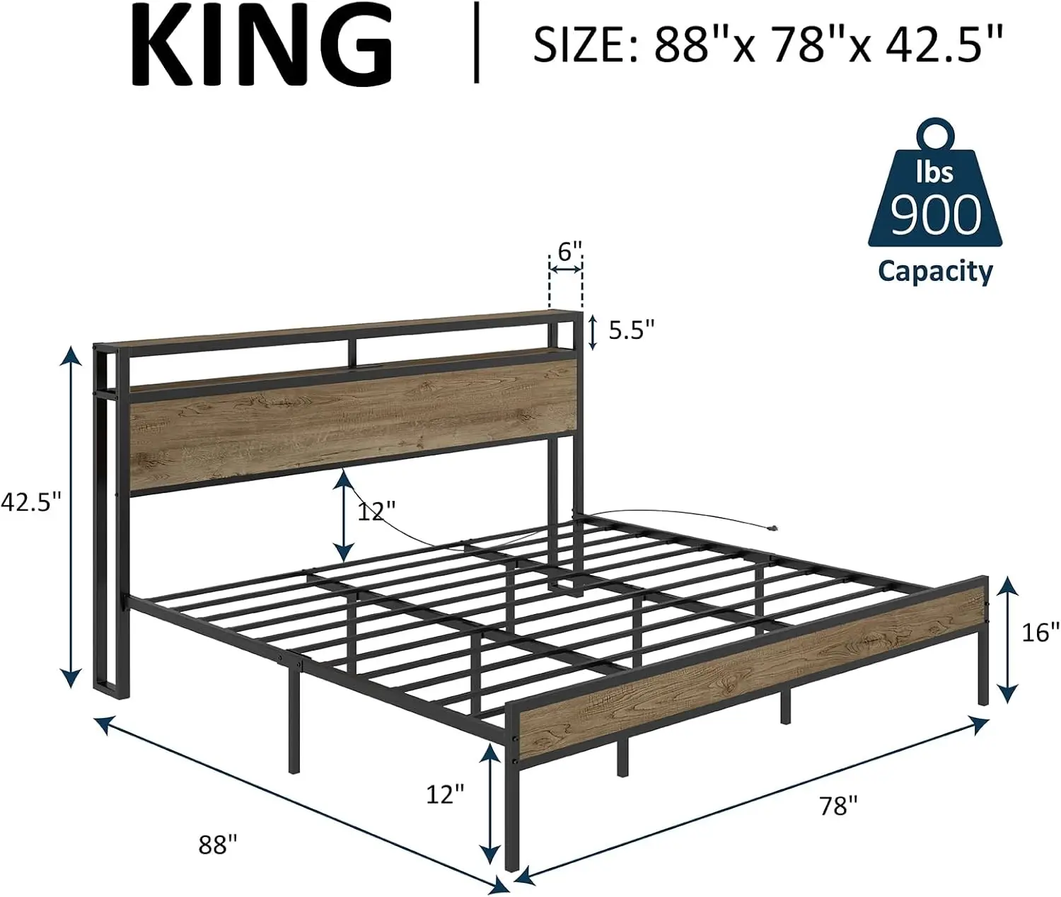 Extra large bed frame, industrial platform bed with 2-layer storage headboard/no need for springs/no noise/rural brown color