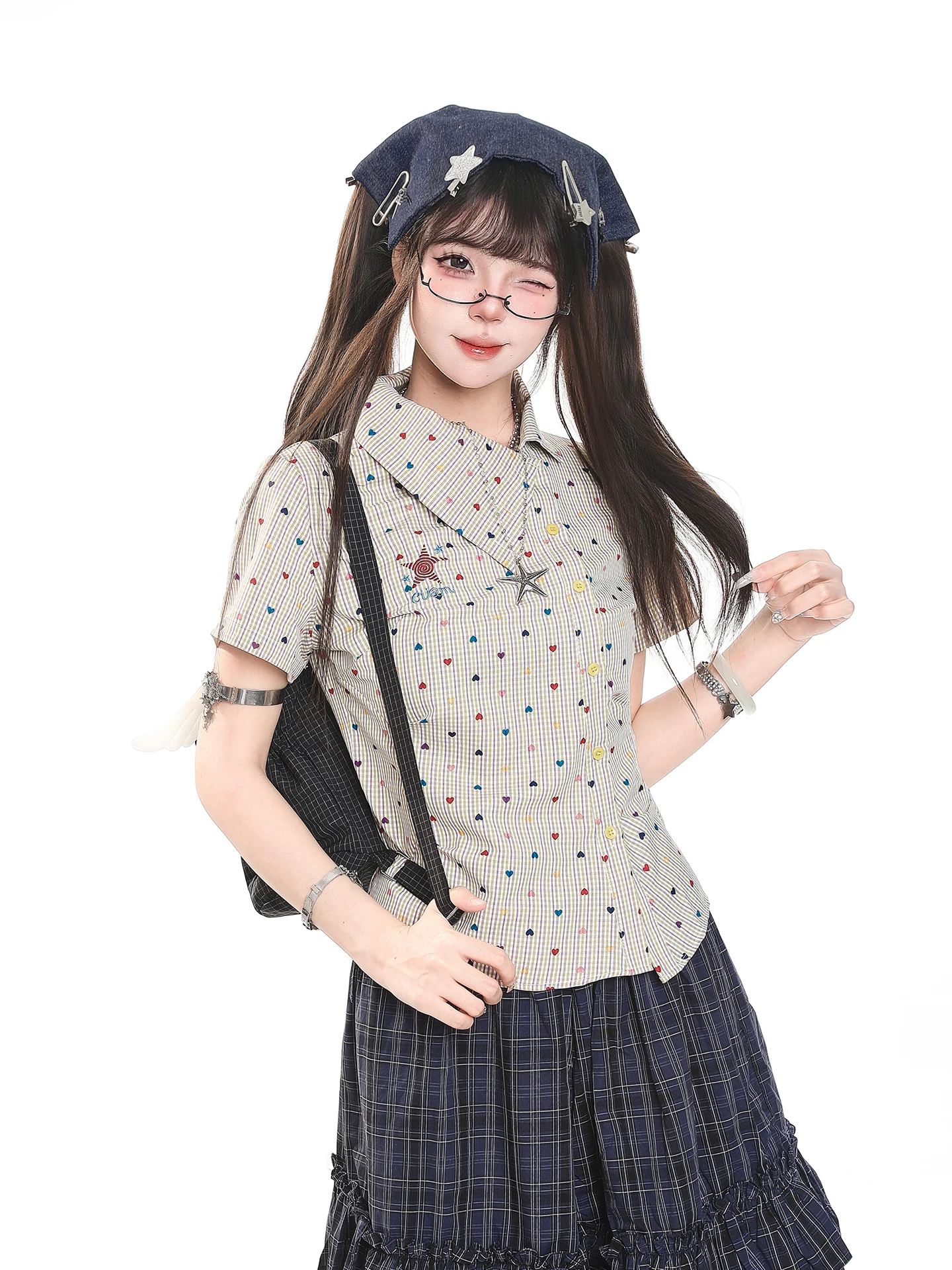 Retro Plaid Short Sleeve Shirt Women's Summer Casual Waist Cinching Design Unique Beautiful Top College Style Turn-down Collar