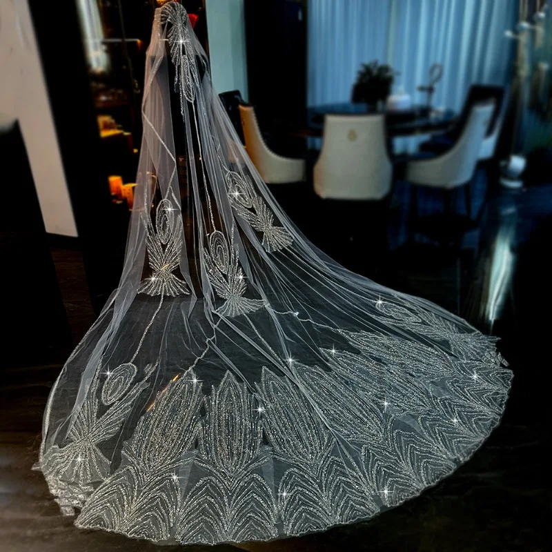 Bride wedding veil advanced sense heavy industry bead embroidery veil handmade trailing