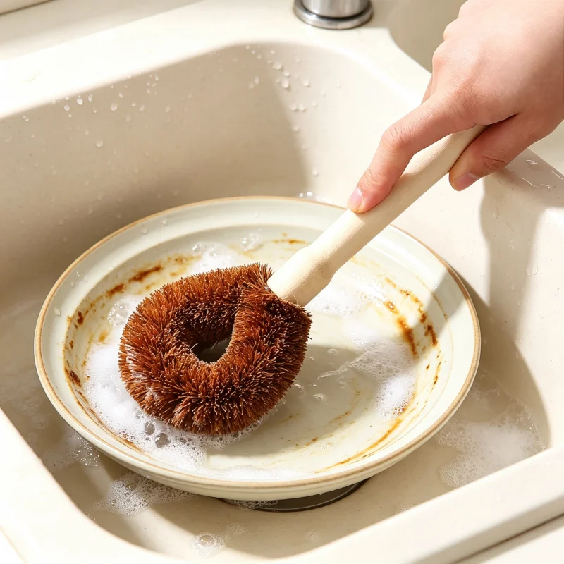 Premium A Top Quality Coconut Fiber Pot Brush Set Long Wooden Handle Non-Stick Cookware Scrubber Durable Kitchen Cleaning Brush