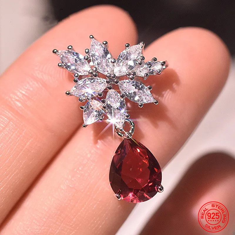 925 فضة قطرة الماء الأحمر كريستال أقراط للنساء قلادة سحر المجوهرات هدية #2