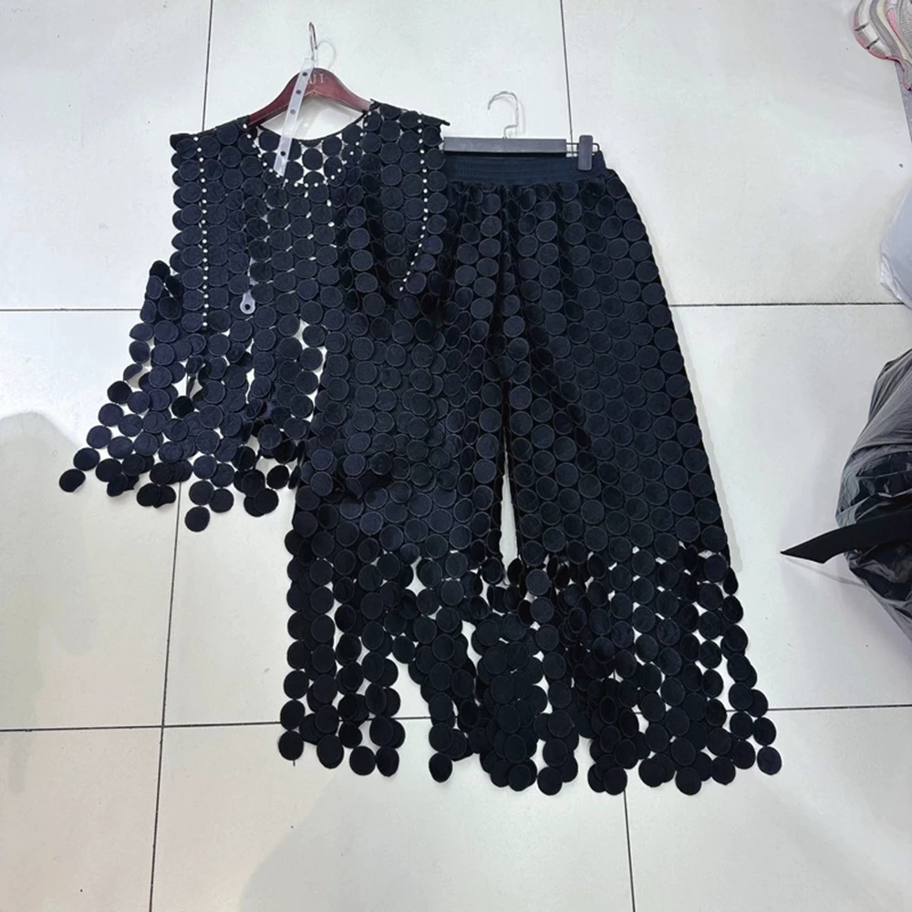 

Australian niche French hollow top elastic high waist tassel irregular skirt pants suit-GZXX372