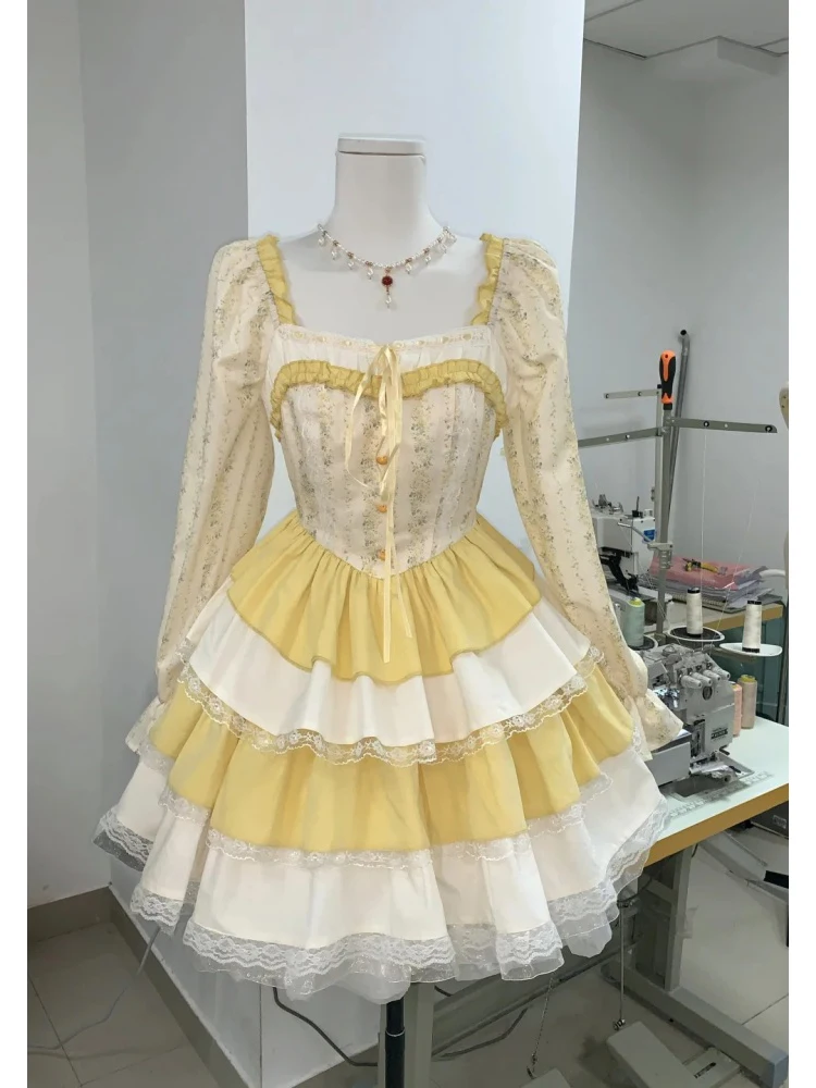 Retro doce floral gola quadrada malha impressão mini vestidos de linha a para senhora vestido de luxo saias princesa fada inchado em camadas saia