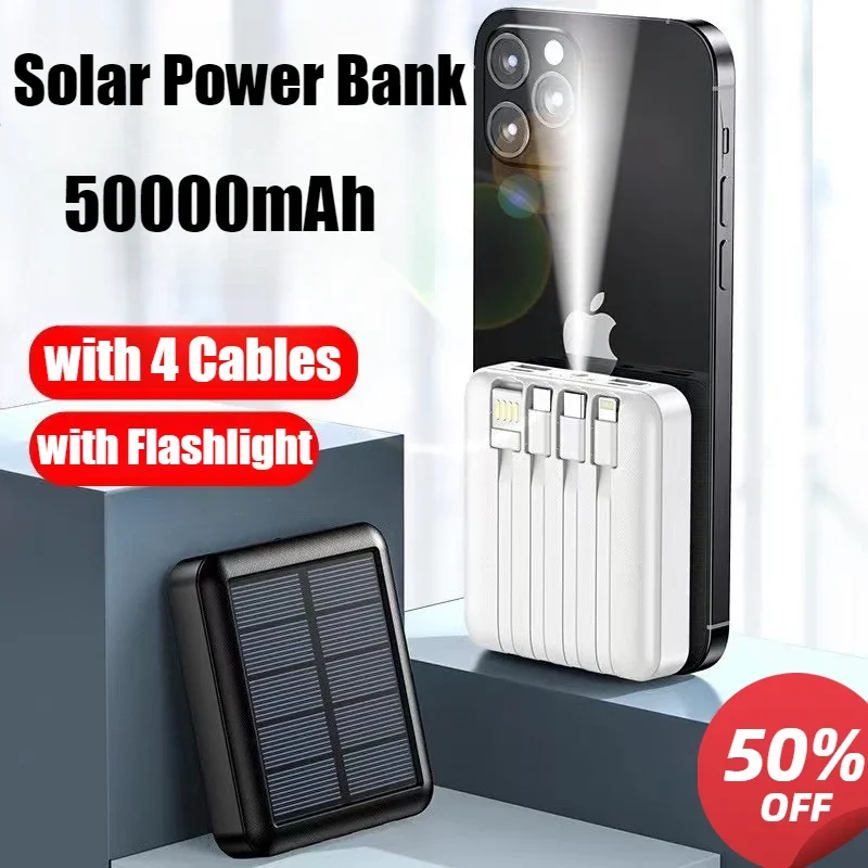 2025 New Portable Solar Power Bank with Built-in Cable 50000mAh External Battery Charger Cases for iPhone Samsung Xiaomi Android