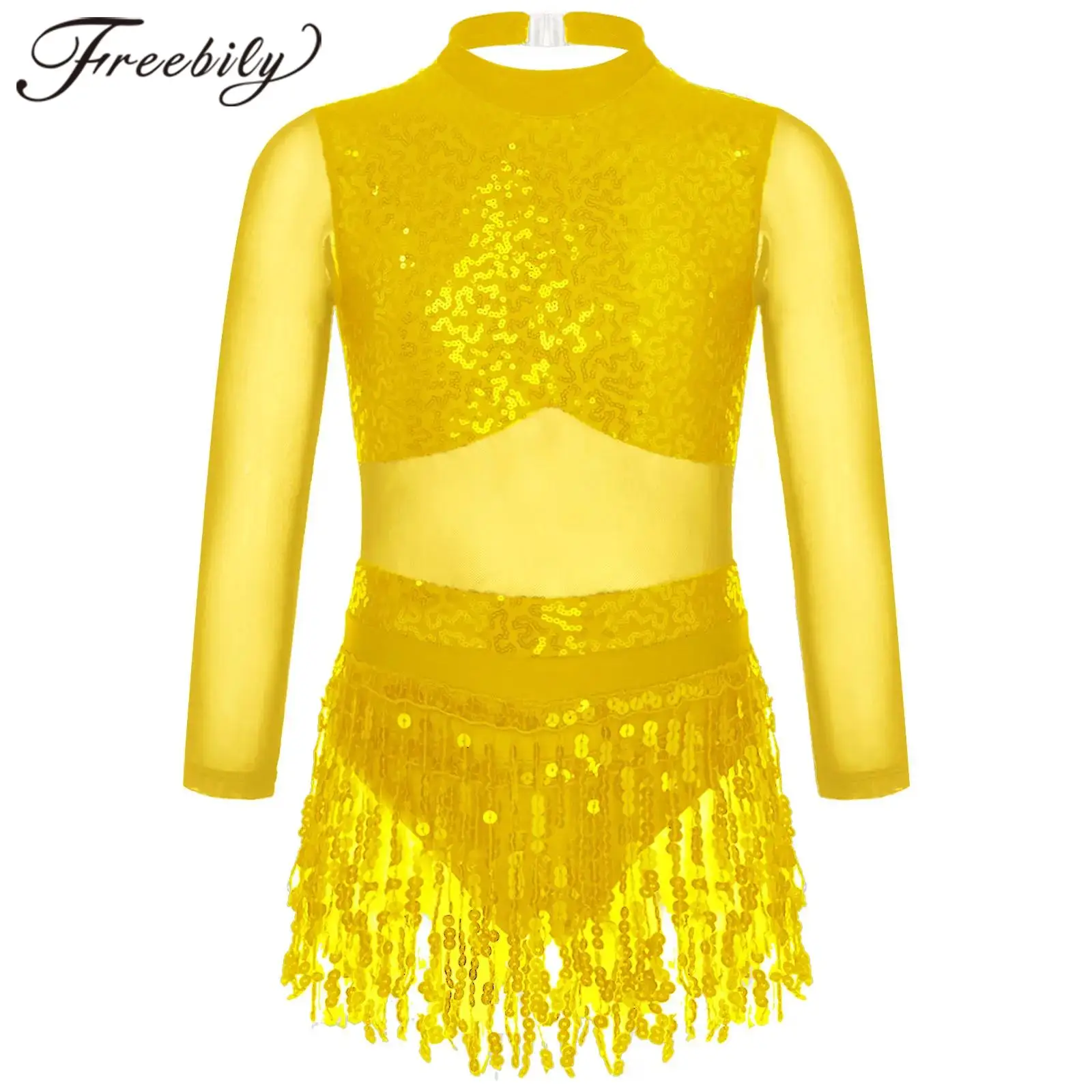 

Kids Girls Sequins Tassel Latin Dance Ballet Gymnastics Leotard Dress for Jazz Samba Rumba Dancing Competition Costume Dancewear