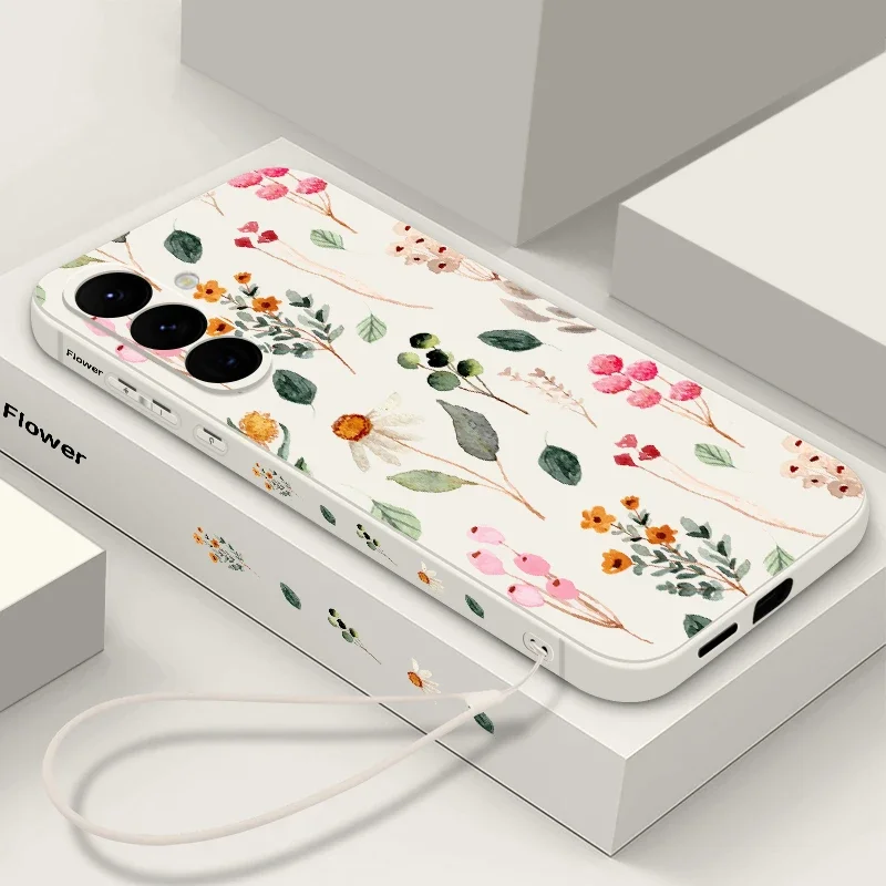 Luxury Flower Print Lanyard Case For Samsung Galaxy A55 A54 5G A35 A25 A15 A14 A34 A52 S21 FE S22 S23 S24 Ultra Silicone Cover