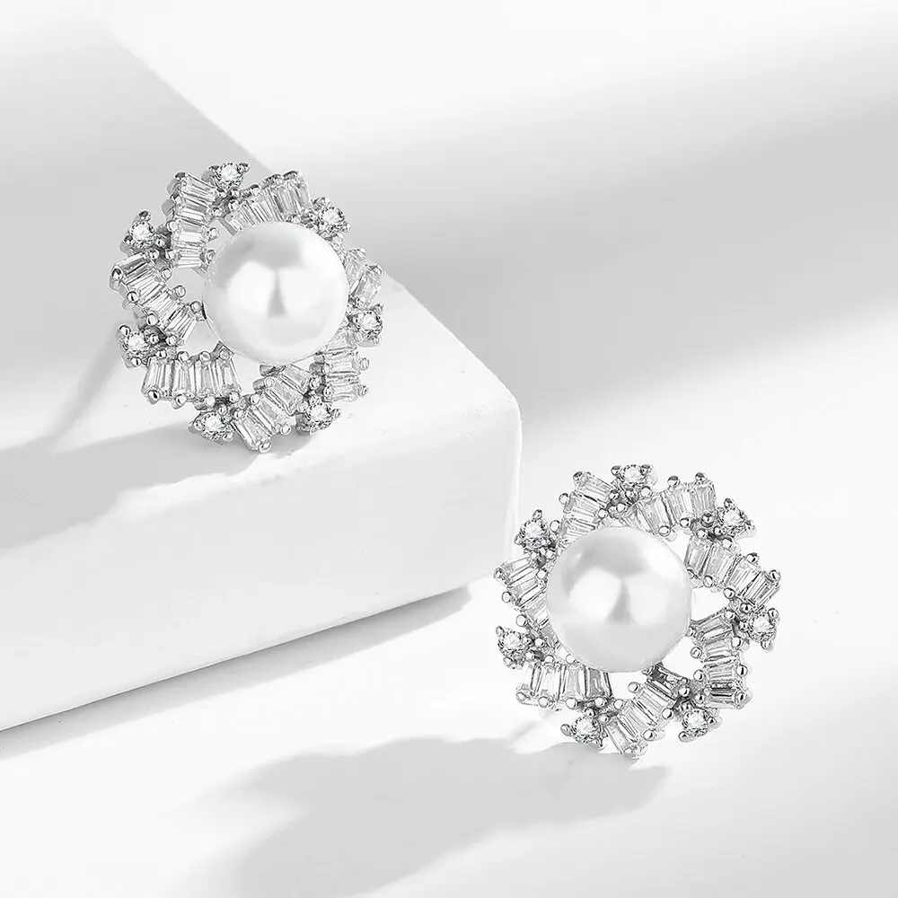 925 Sterling Silver Fashion Trend Zircon Pearl Stud Earrings Birthday Party Anniversary Gift