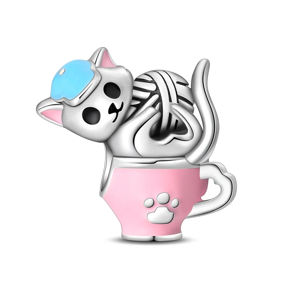 Cute 925 Sterling Silver Pink Afternoon Tea Cup Cute Cat Yarn Charm Fit Bracelet Necklace Women's Dessert Party Jewelry Gift