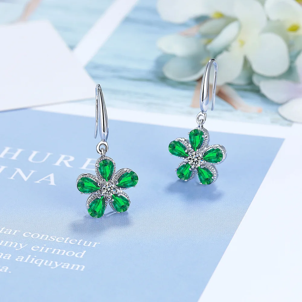 2.4ct Green Simulated Nano Emerald 925 Sterling Silver Flower Drop Earring for Women Fashion Statement Gemstone Jewelry Brincos