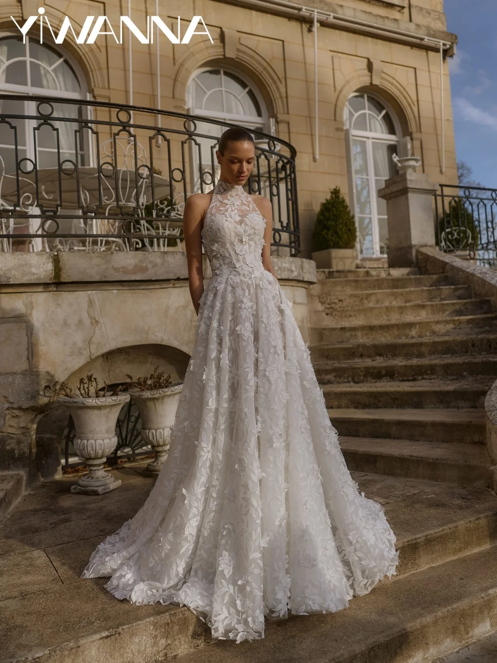 Handmade 3D Floral Wedding Dress Dreamy Lace Appliques Bridal Gown Customized A-line Halter Floor-length Dresses For Bride