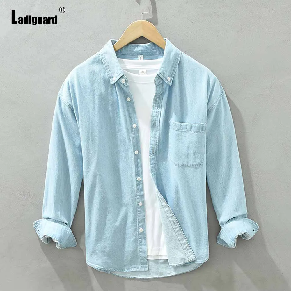 Men Long Sleeves Fashion Demin Tops Wear 2023 Autumn Casual Stand Pocket Jean Shirt Plus Size Men's Street Basic Denim Blouse