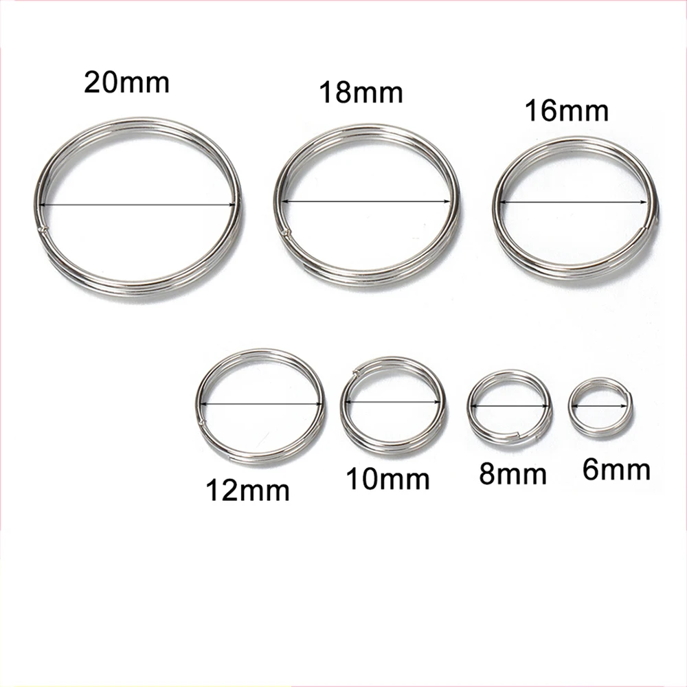 100 Pcs 6-20mm Polished Silver Color Keyring Stainless Steel Hole Key Ring Key Chain Round Line Keychain Connectors Findings