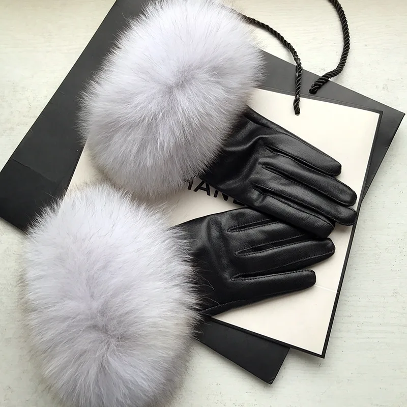 

Black Sheepskin Natural Fluffy Fox Fur Women's Gloves Winter Plus Velvet Warm Chic Ladies Touch Screen Genuine Leather Gloves