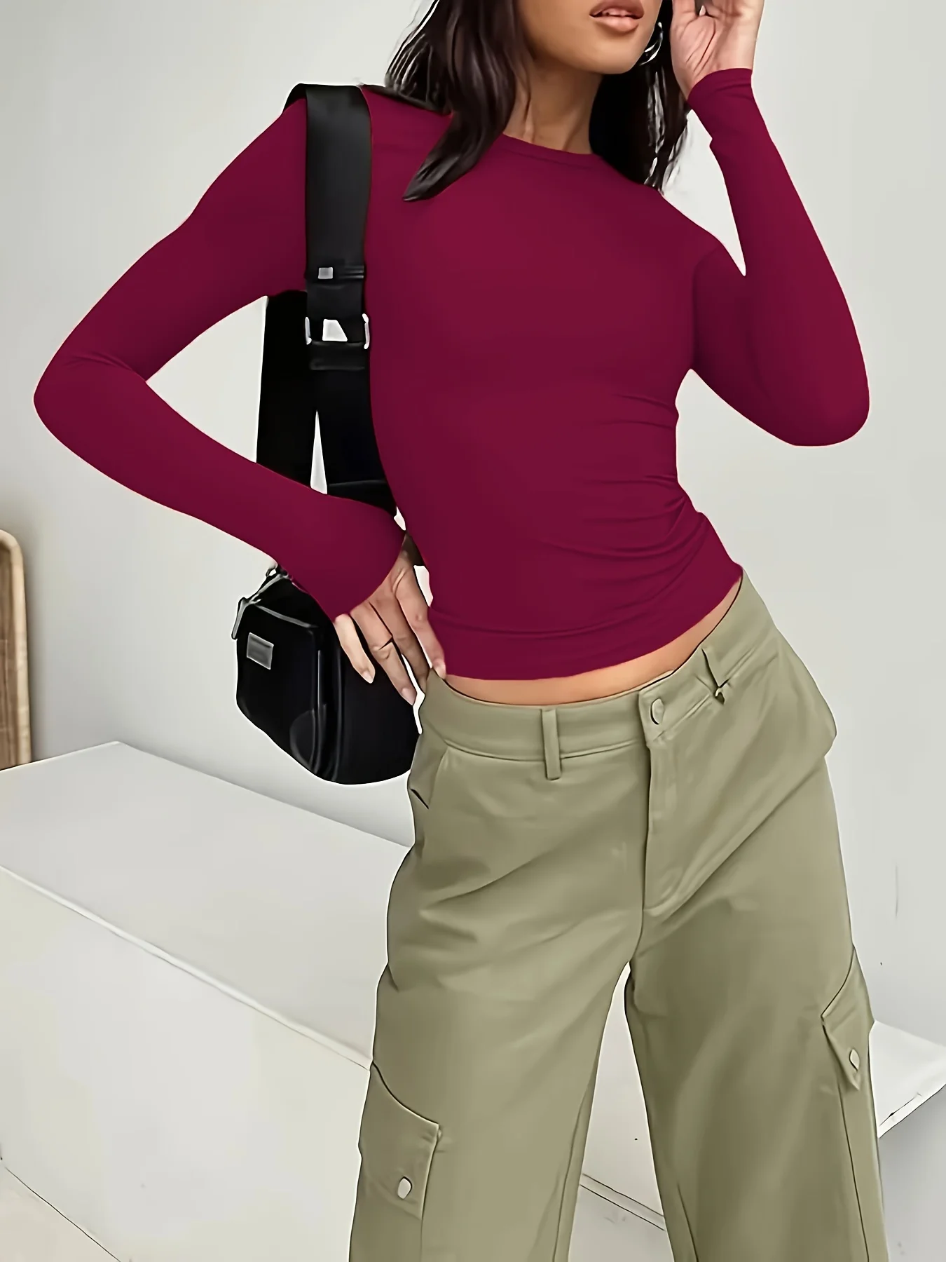 Damen-T-Shirt für Pendlerinnen, lässig, schlicht und modisch, einfarbig, mit langen Ärmeln – Detail 9