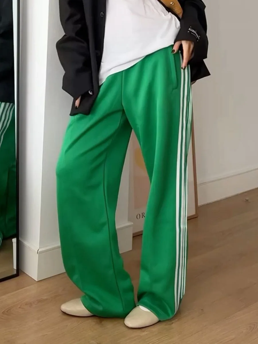 Pantalones a rayas sueltos cintura elástica cordón pierna recta Casual mujeres pantalones de chándal con bolsillos