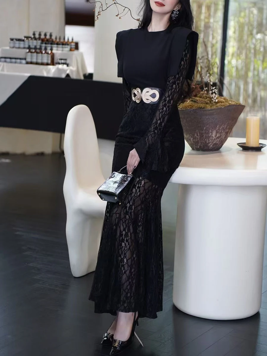 VGH Solido Elegante Temperamento Abito in Pizzo per Le Donne O Collo Manica Svasata Vita Alta Impiombato Maglia Trasparente Abiti Midi Stile Femminile