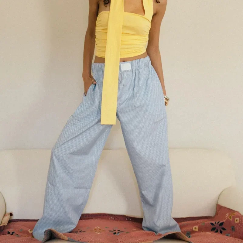 Pantalon à carreaux taille haute élastique pour femme, jambe large, vêtements de détente des années 2024, mode estivale, fjwith Pockets, Y2K, 2000