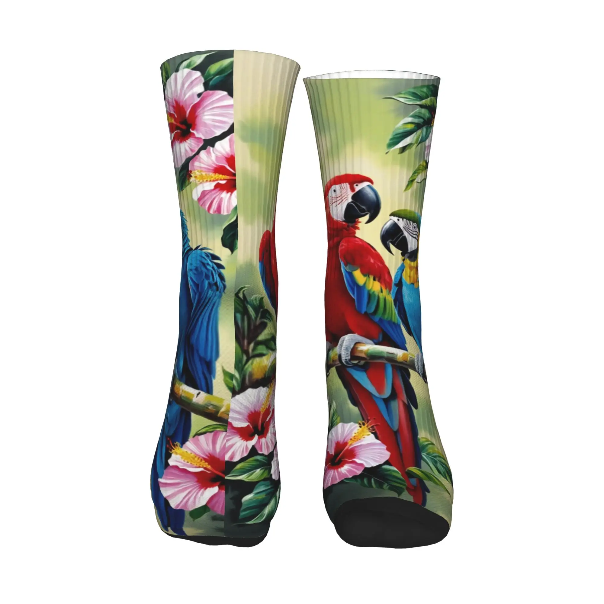 Cute Men's Dual Macaw Parrot Hibiscus Tropical Dress Socks Unisex Warm Comfortable 3D Printed  Crew Socks view 2