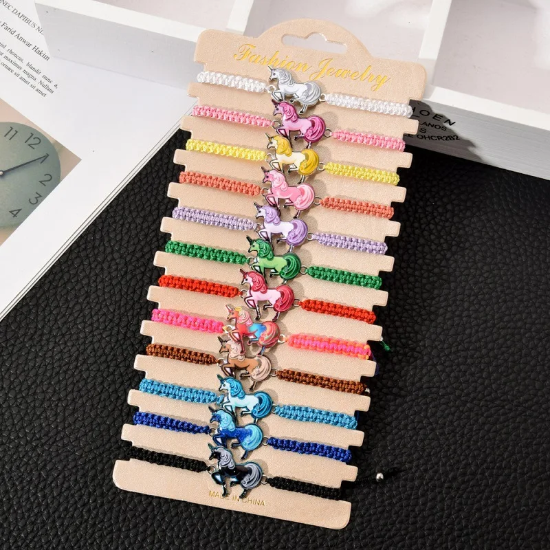 12Pcs/Lot Animal Unicorn Horse Charm Bracelets For Women Kids Handmade Colorful Braided Rope Adjustable Wristband Female Jewelry