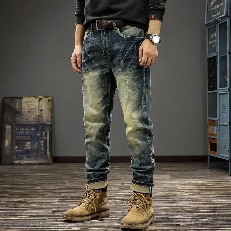 

Осенне-весенние модные трендовые американские винтажные прямые эластичные джинсовые брюки для мужчин, повседневные свободные спортивные джинсы высокого качества