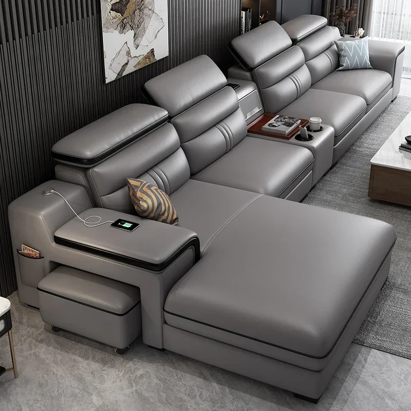 

Leather Sectional Sofa Set with Cup Holder, USB, Adjustable Headrests & Bluetooth Speaker Living Room Couch with Stool