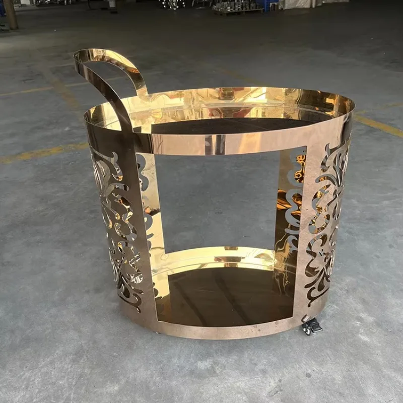 

Золотая овальная тележка для пищевого десерта из нержавеющей стали, для украшения барных и гостиничных вечеринок, картонная упаковка