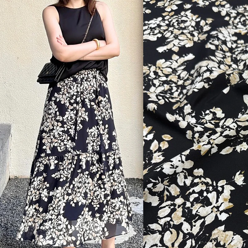 Elastic Thin Silk Fabric Lovely Small Floral Printed Silk Crepe de Chine Fabric for DIY Sewing Soft Dress Pants Pajamas R2660