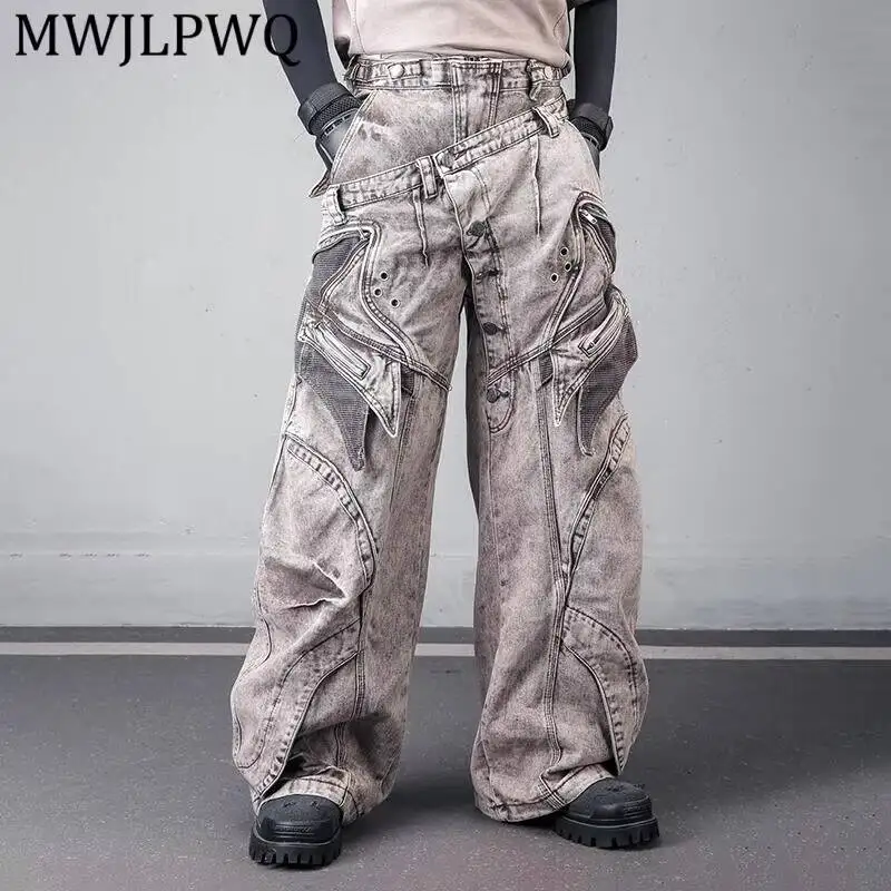 MWJLPWQ Double Waist Wide Leg Jeans Wash Curved Mesh Patch Rivet Zip Pocket Multi Button Unisex Tech Street Denim Trousers 17138