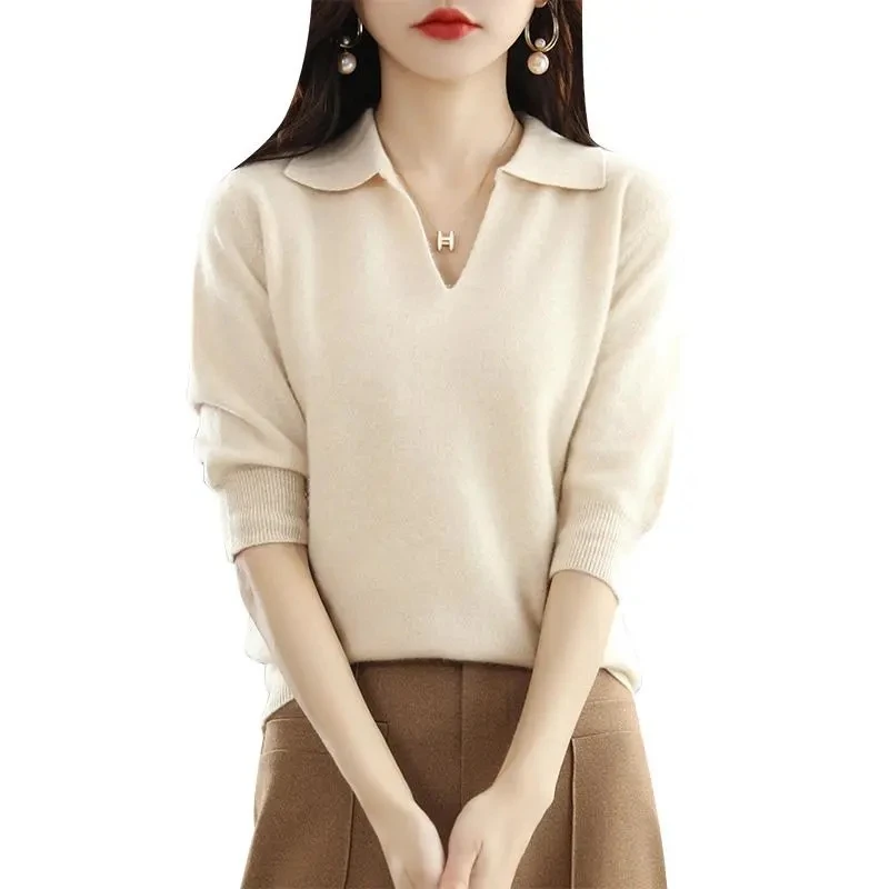 2023 herbst V-ausschnitt Pullover frauen Drei-Viertel Hülse T-Shirt Top Lose Halbhülse Gestrickte Bodenbildung Shirt Frühling Pullover