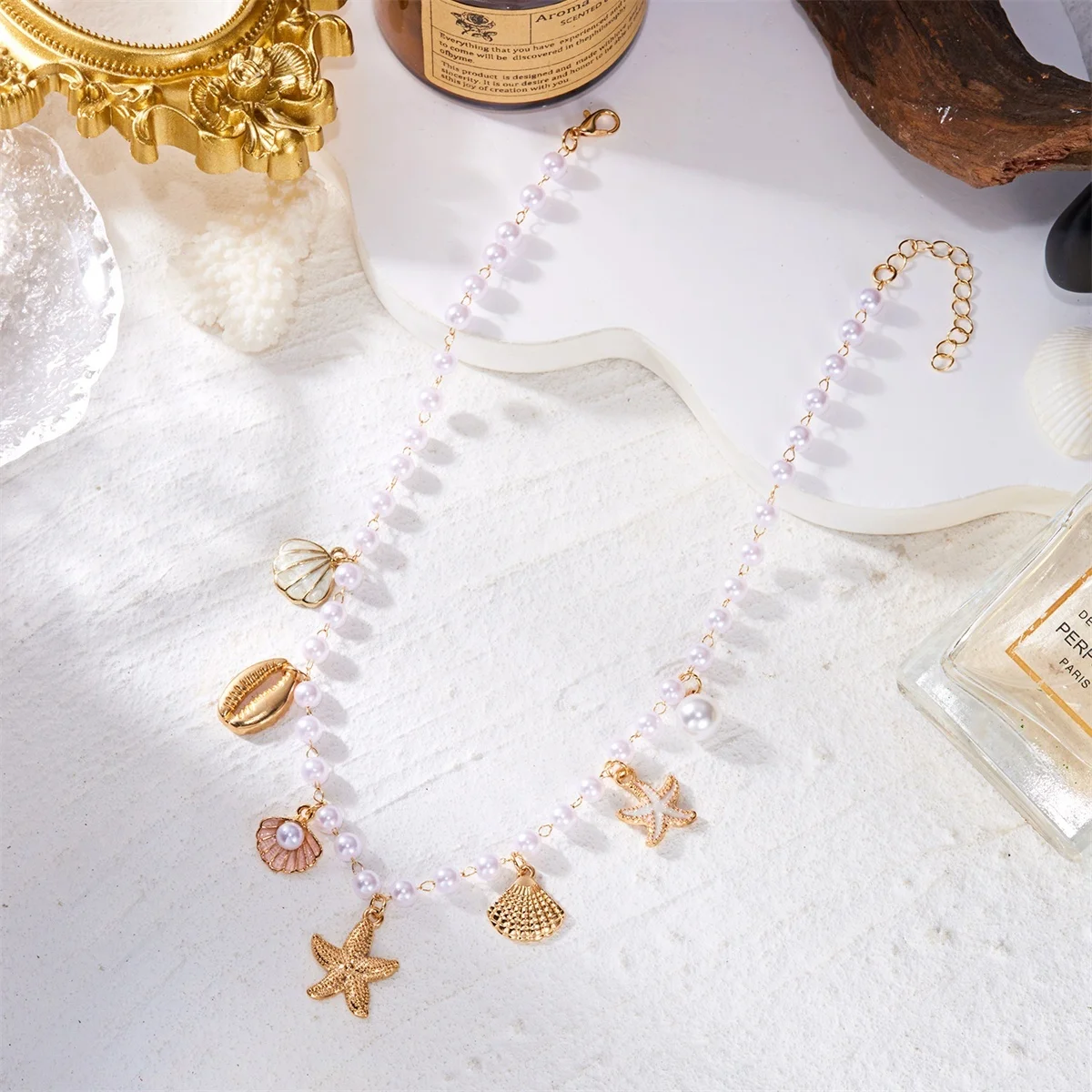 Boho Seestern Muschel Seepferdchen Hummer Anhänger Halskette für Damen und Herren, unregelmäßige Imitationsperle, Ozean-Strand-Choker-Schmuck – Detail 16