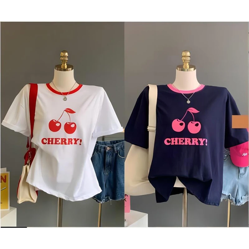 

2024 Korean Casual White Slim T-shirts Streetwear O-neck Solid Color Top Street Short Sleeve Tees Pure Cotton Tee Women Clothing