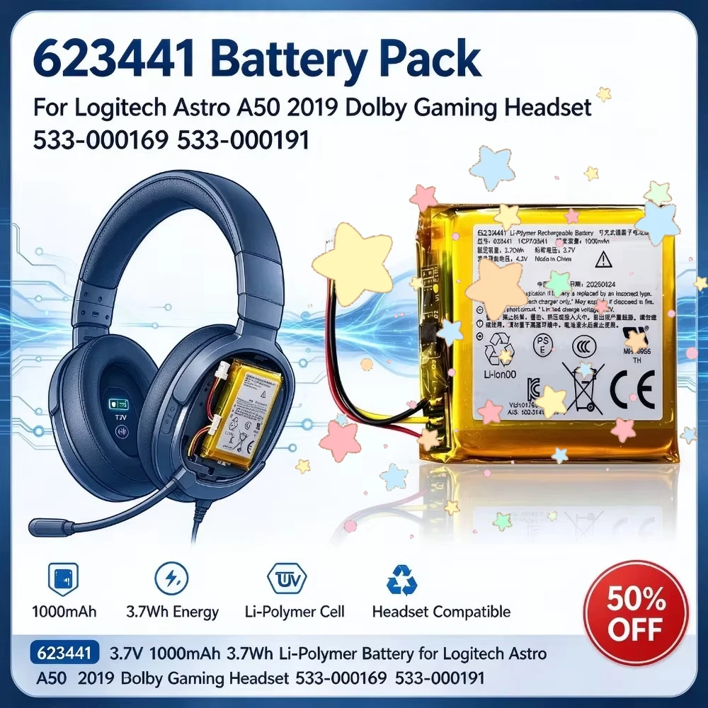 623441 3.7V 1000mAh Rechargeable Replacement Li-Po Battery for Logitech Astro A50 2019Dolby Gaming Headset 533-000169 533-000191