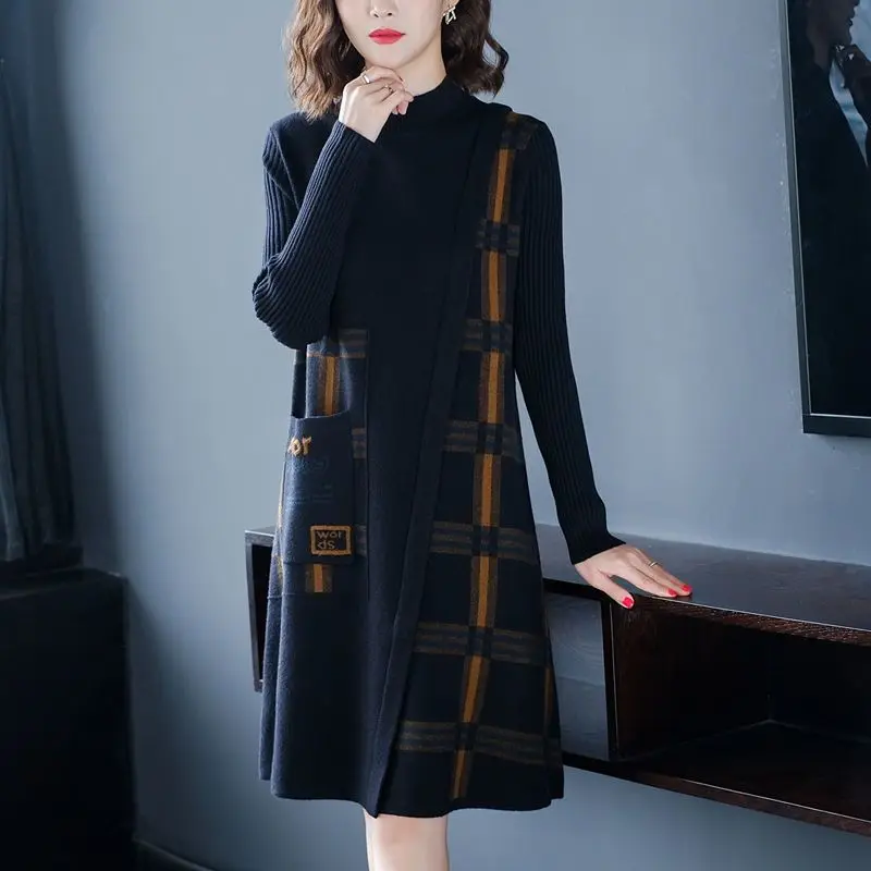 Korean Plaid Spliced Pockets Dresses Autumn Winter Chic Asymmetrical Casual Half High Collar Knitted Midi Dress Female Clothing