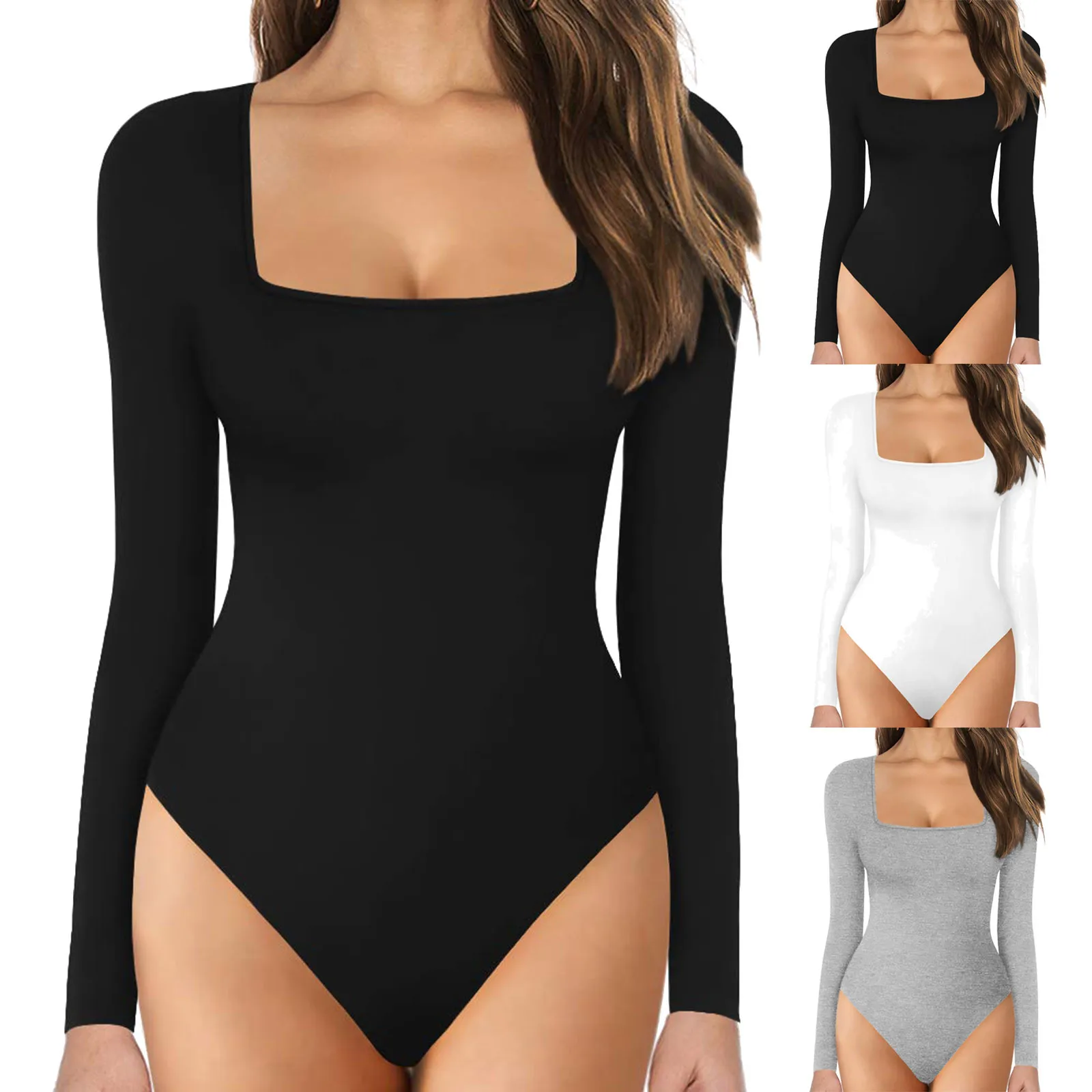 

Bodysuit Long Sleeve Women Body Streetwear Dropshipping Sexy Bodycon Square Neck Sheath Crotch Basic Black Overalls Top