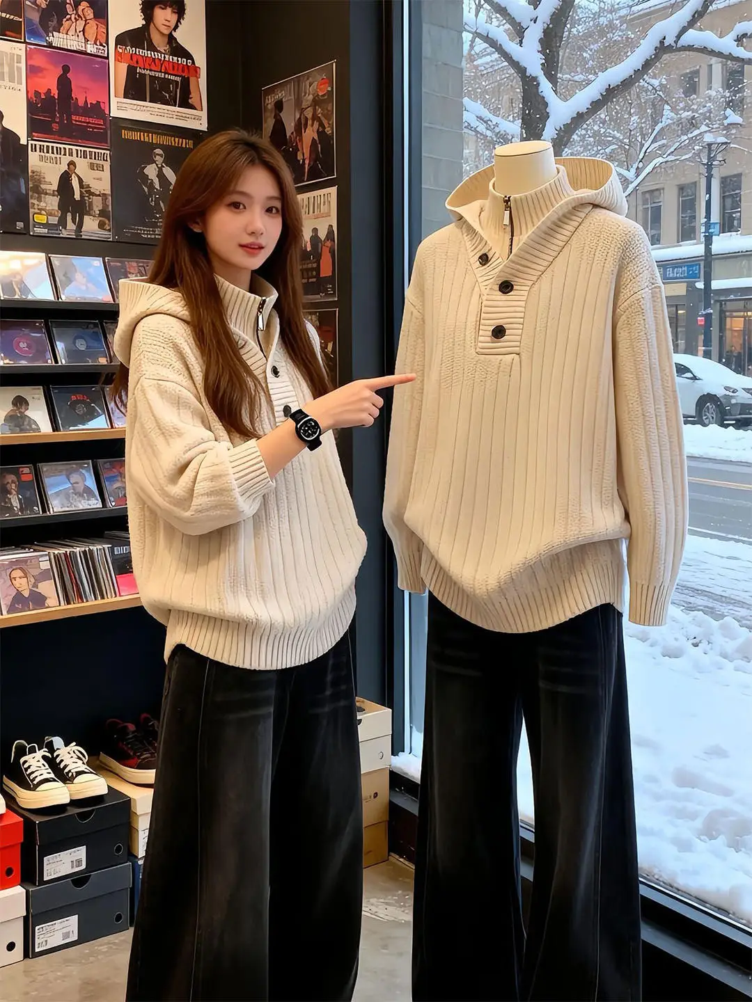 

White Hooded Stand Collar Sweater Fake Two-Piece Knitwear for Men Heavyweight Stripe Cleanfit Jaet Casual Winter Outfit