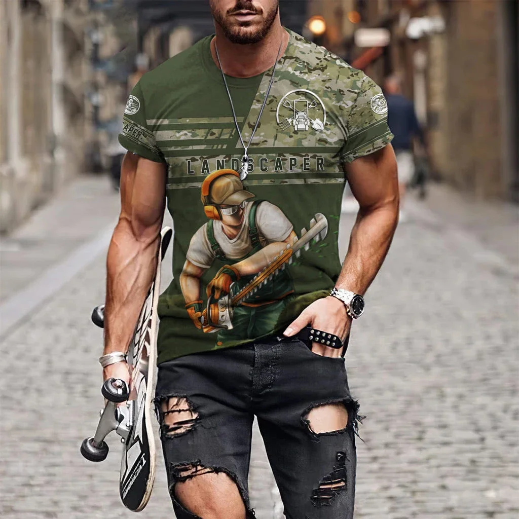 Camiseta con estampado 3D de uniforme de jardinero para hombre, camiseta de gran tamaño con cuello redondo para exteriores, camisetas de manga corta con personalidad a la moda