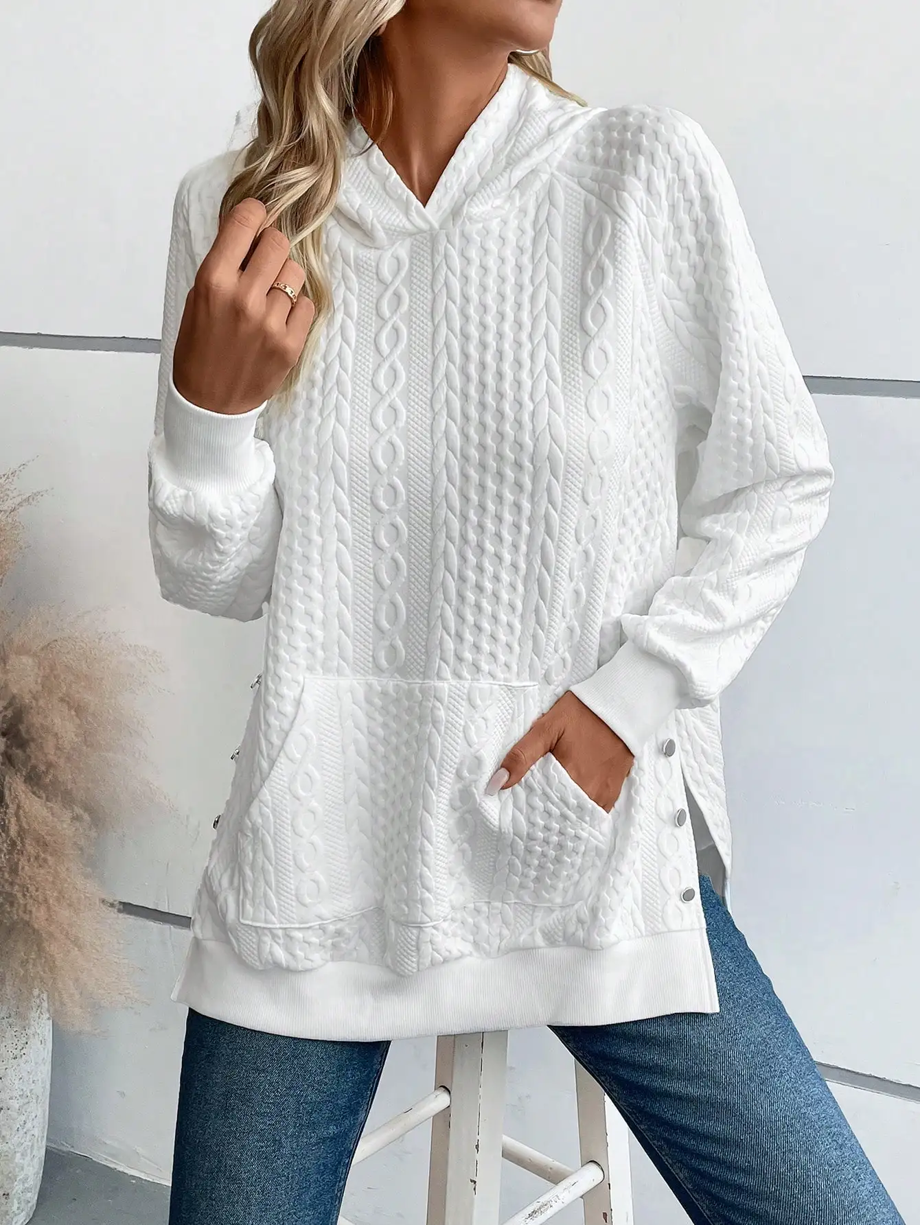 2024 New Solid Color Casual Versatile Slits on Both Sides White Sweatshirt for Women