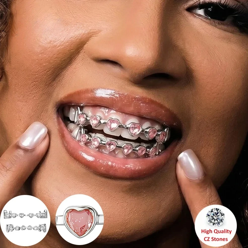 Y2K Hip Hop Copper Grillz Set for Women And Men Pink & Clear Heart CZ Top And Bottom Teeth Caps Cool Bling Jewelry Accessory