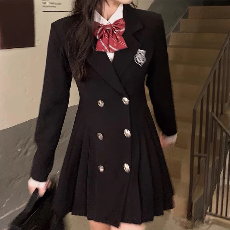

Early Autumn Faion Long Sve Bla High-End JK Suit Dr Student College Slim Fit Skirt Korean Sle Commute Pure Color