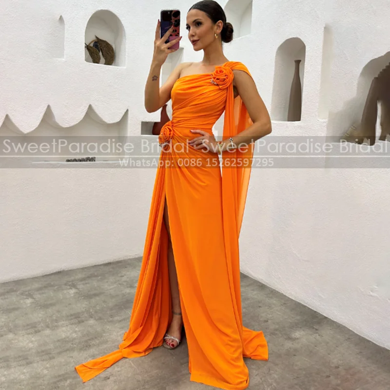 원 숄더 긴 이브닝 드레스 시스 사이드 스플릿 꽃 쉬폰 맞춤형 댄스 파티 드레스 여성용 파티